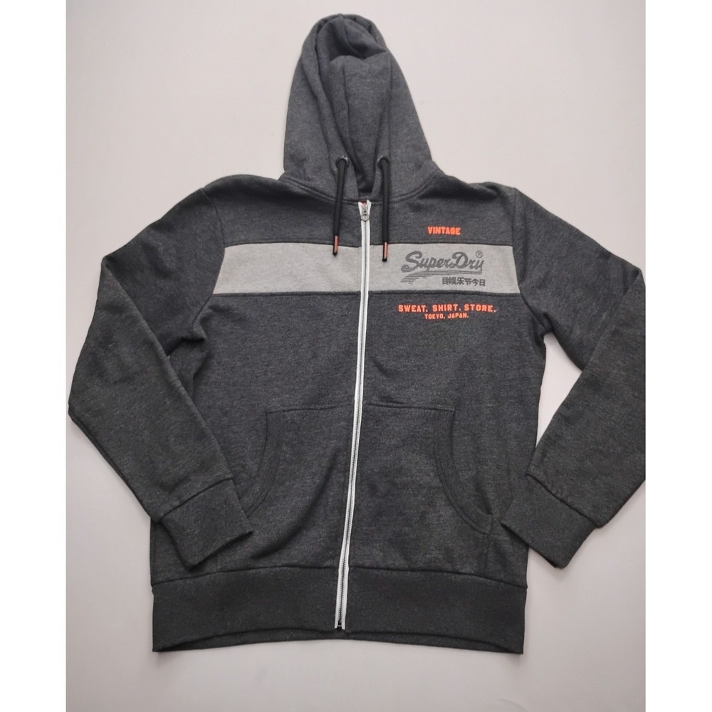 Superdry Hoodie Gray Full Zip Sweatshirt Tokyo Japan Graphic Fleece 2XL Magma